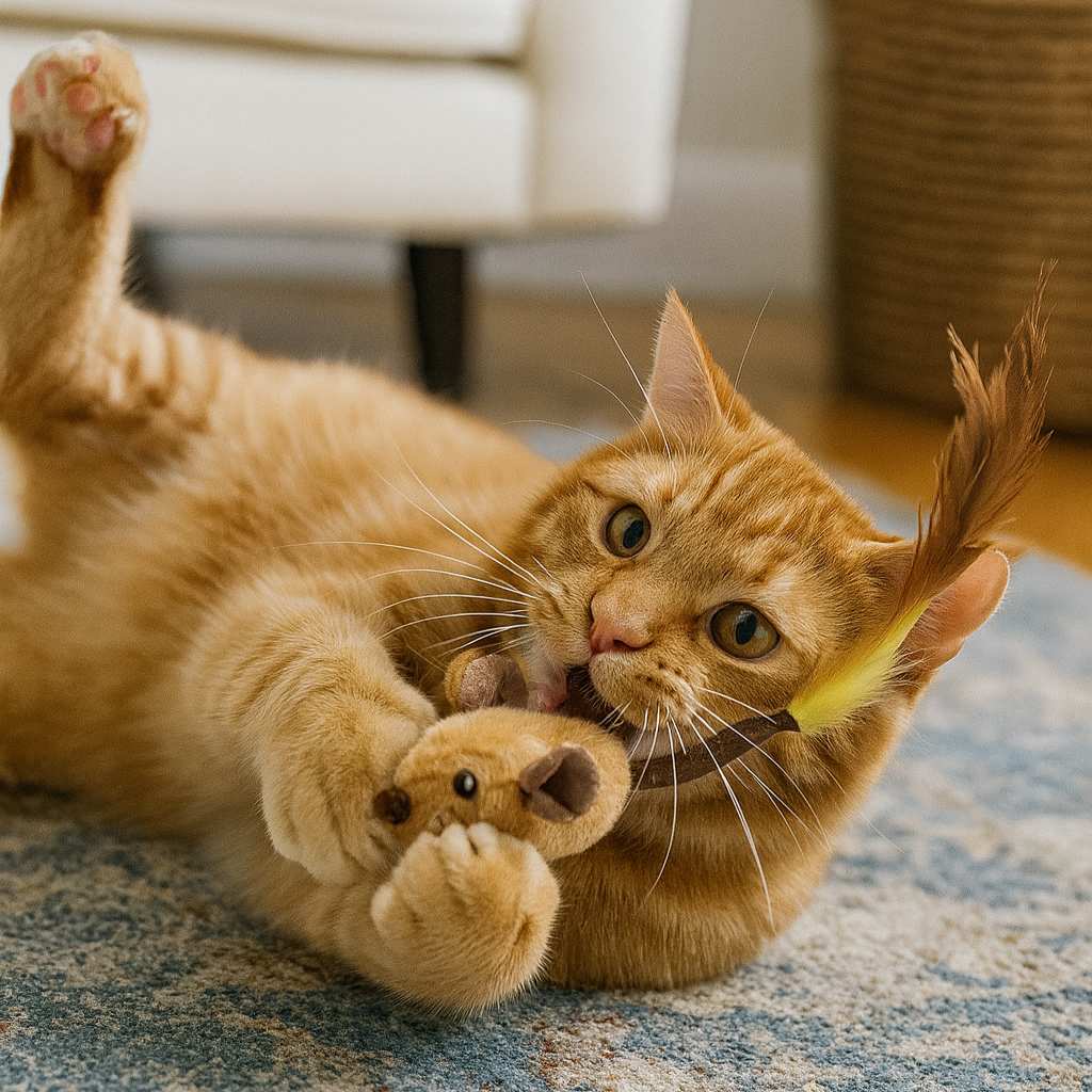 Orange cat playing with a toy mouse on a patterned rug