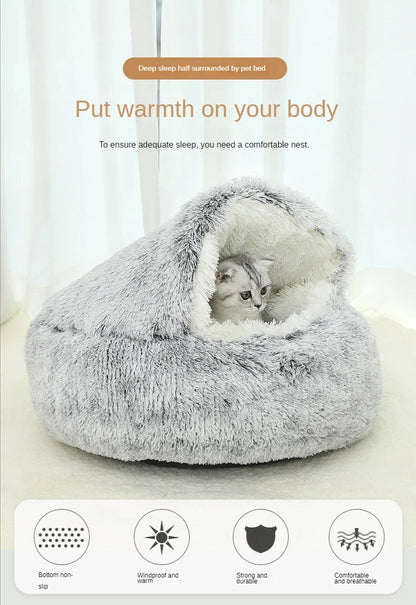 MySnugPet 2-in-1 Hooded Plush Cat & Small-Dog Bed – Self-Warming Winter Nest