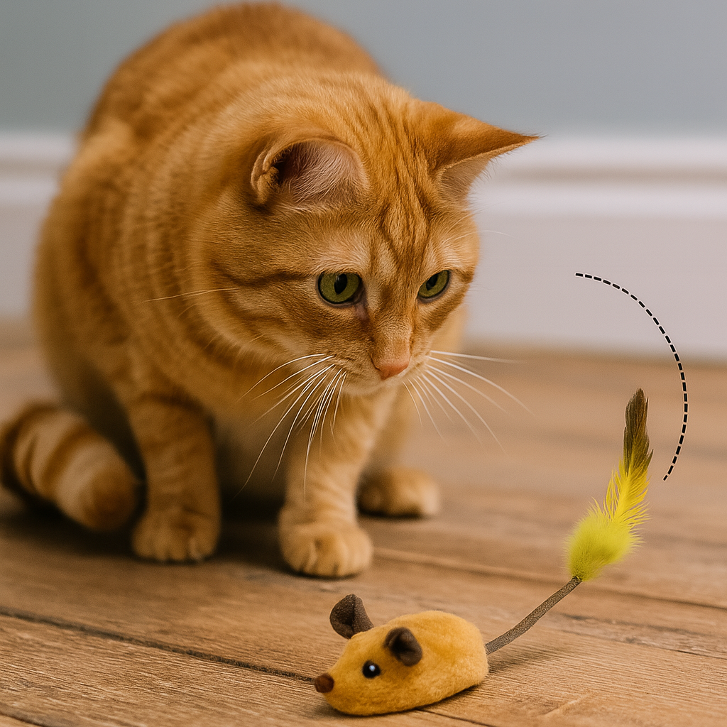 Orange cat playing with a yellow feathered cat toy on a wooden floor.