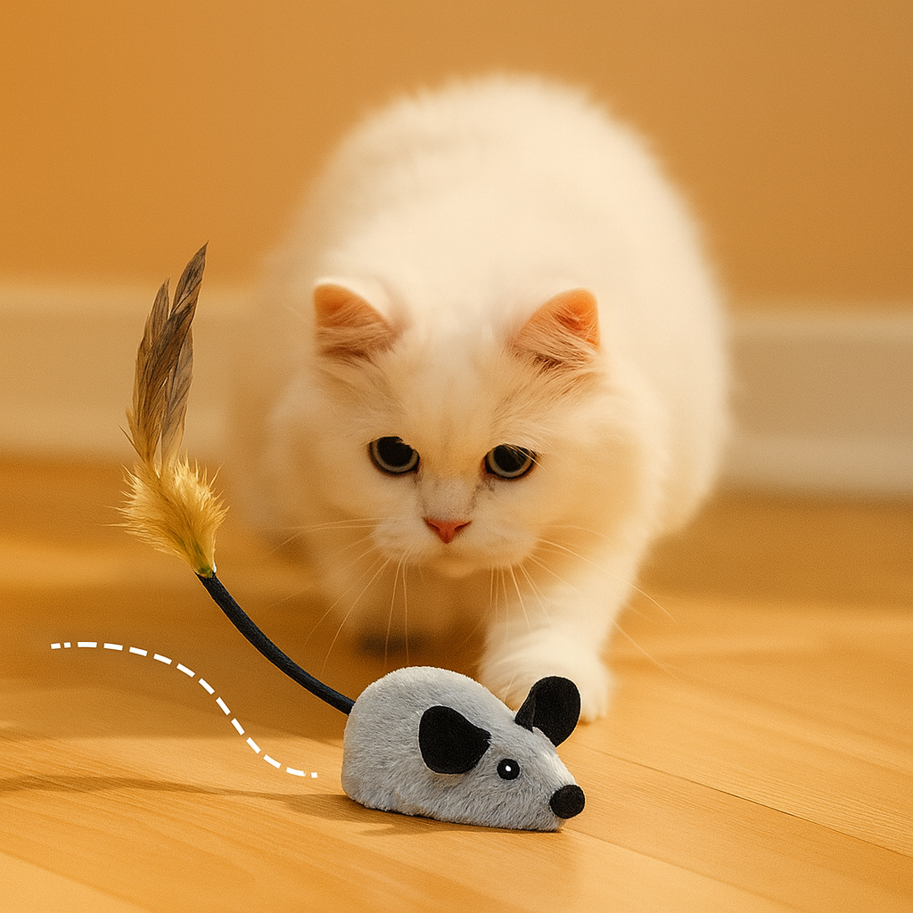 White cat playing with a gray mouse-shaped toy on a wooden floor.